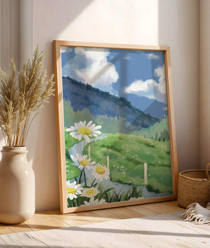 Meadow with Daisies Under Bright Blue Sky