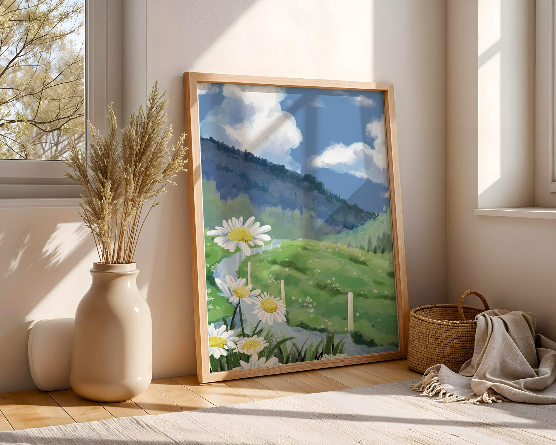 Meadow with Daisies Under Bright Blue Sky