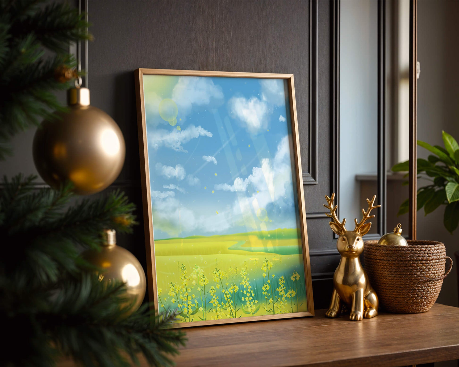 Sunny Meadow with Yellow Flowers and Blue Sky Scenic Art