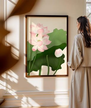 Delicate pink lotus flowers with verdant green leaves