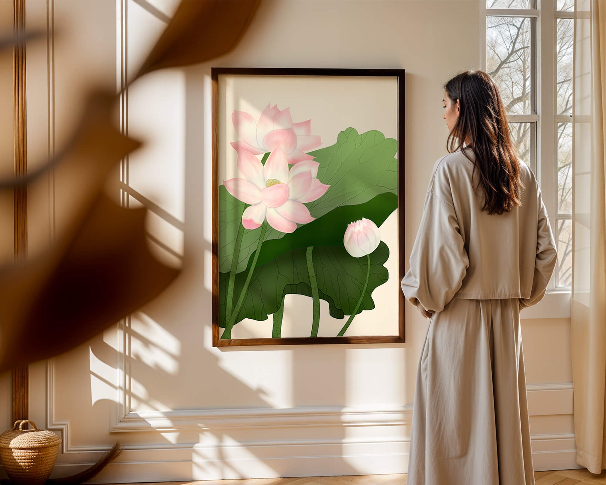 Delicate pink lotus flowers with verdant green leaves