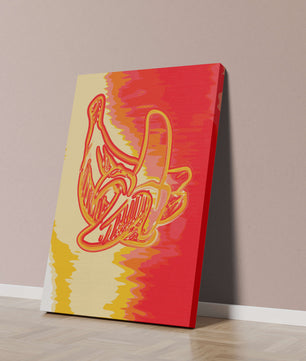 Abstract banana art with vibrant red and orange hues