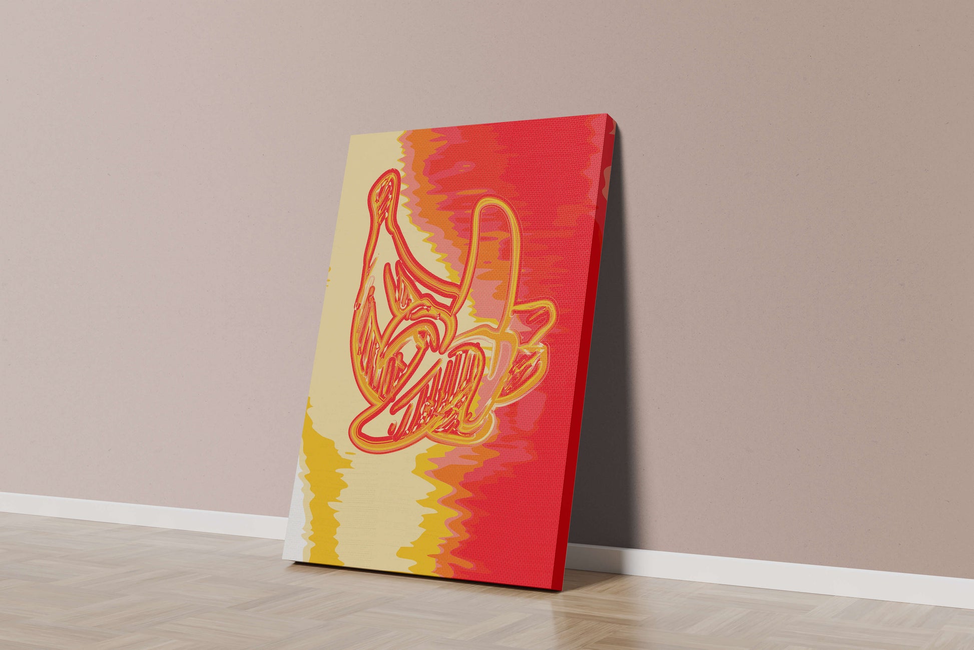 Abstract banana art with vibrant red and orange hues
