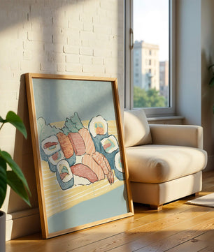 Illustration of assorted sushi rolls with shrimp and salmon on a bamboo mat