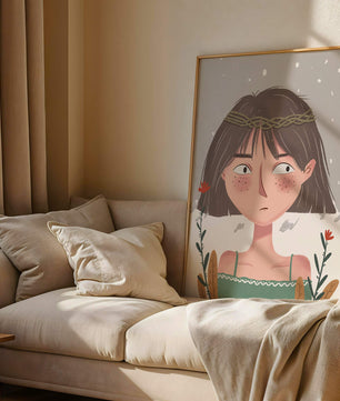 Illustrated girl with a braided crown, floral accents, and expressive features