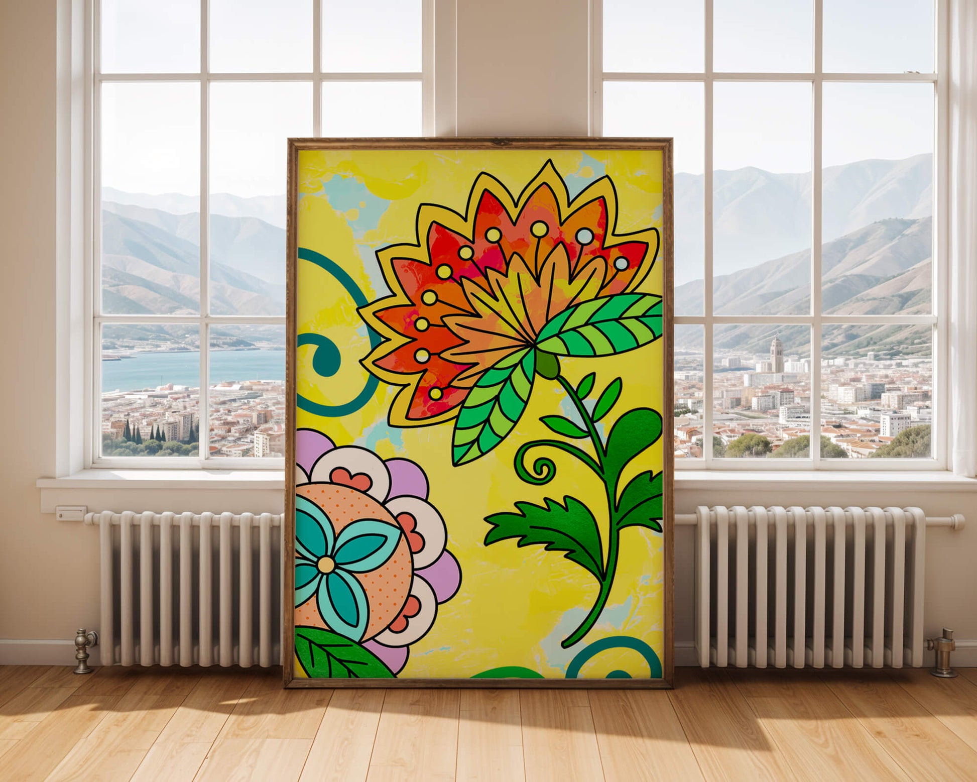 Colorful abstract floral illustration with bright yellow background
