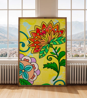 Colorful abstract floral illustration with bright yellow background