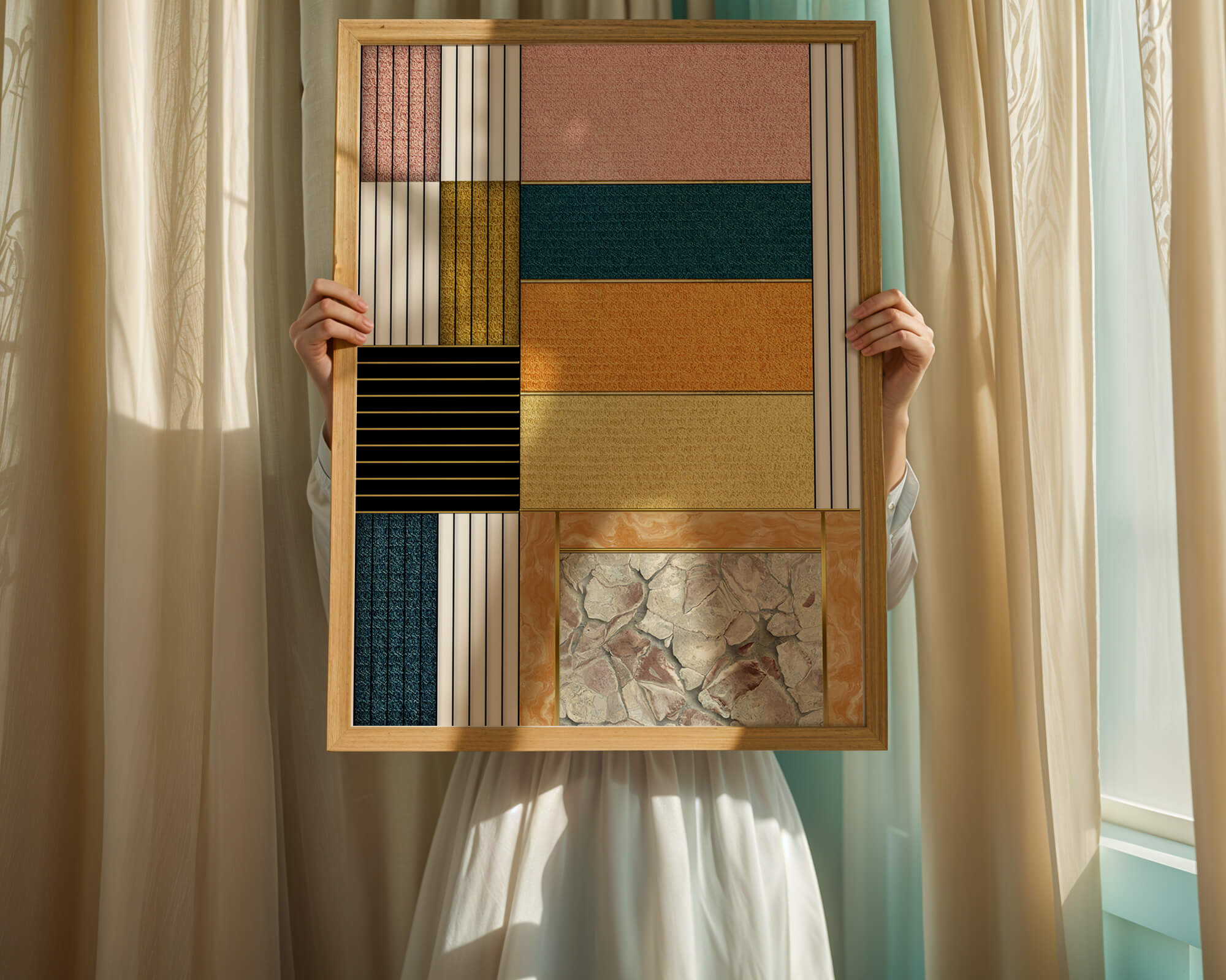 Geometric Abstract Art with Textured Blocks and Gold Accents - Mi tienda