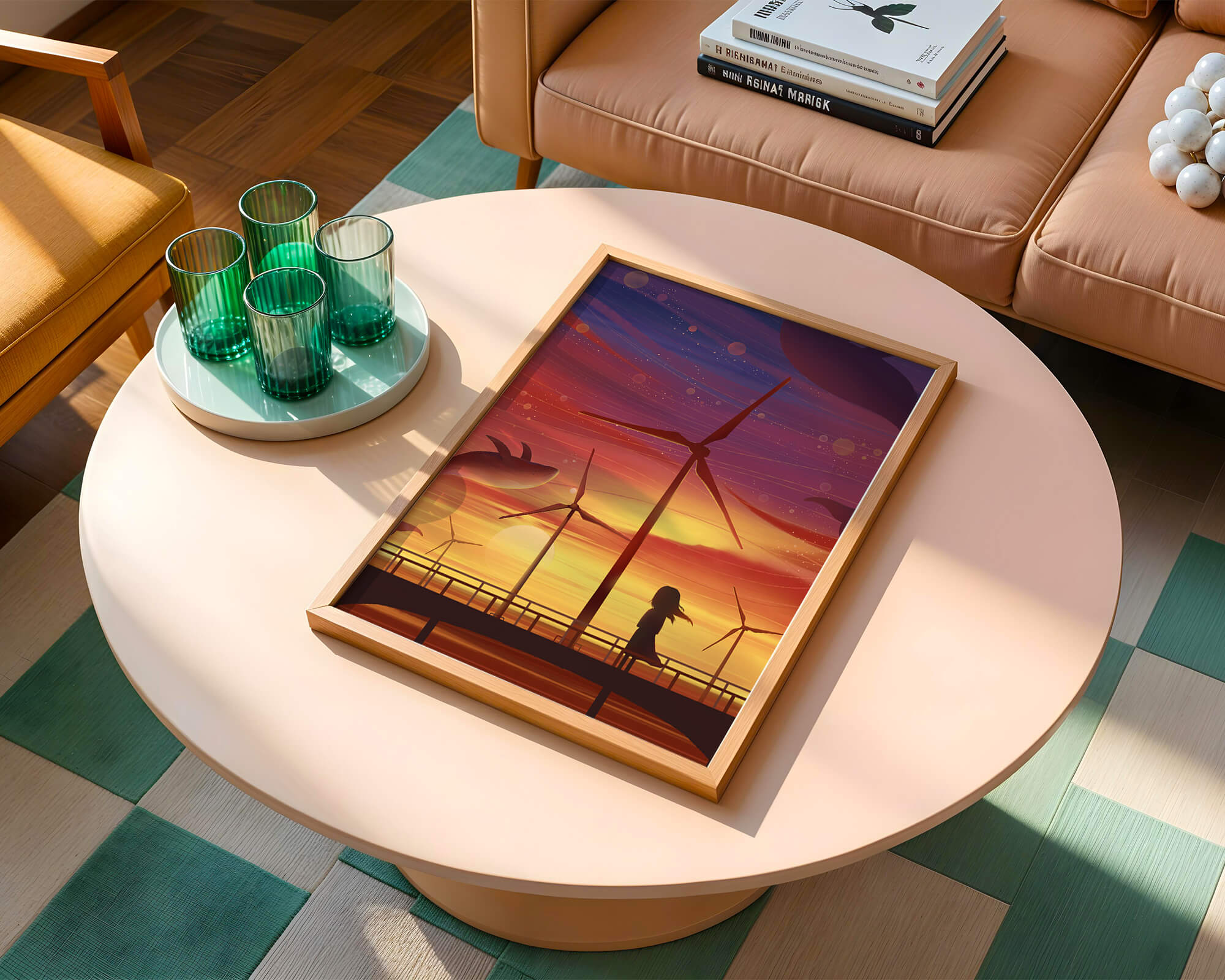 Enchanting sunset scene with wind turbines and silhouette of a girl