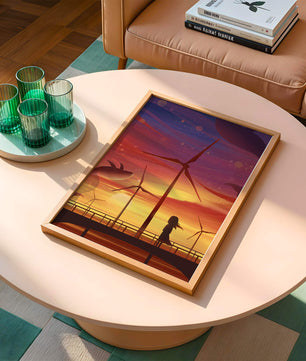 Enchanting sunset scene with wind turbines and silhouette of a girl