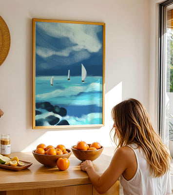 Seascape with sailboats navigating blue waves under a dramatic sky