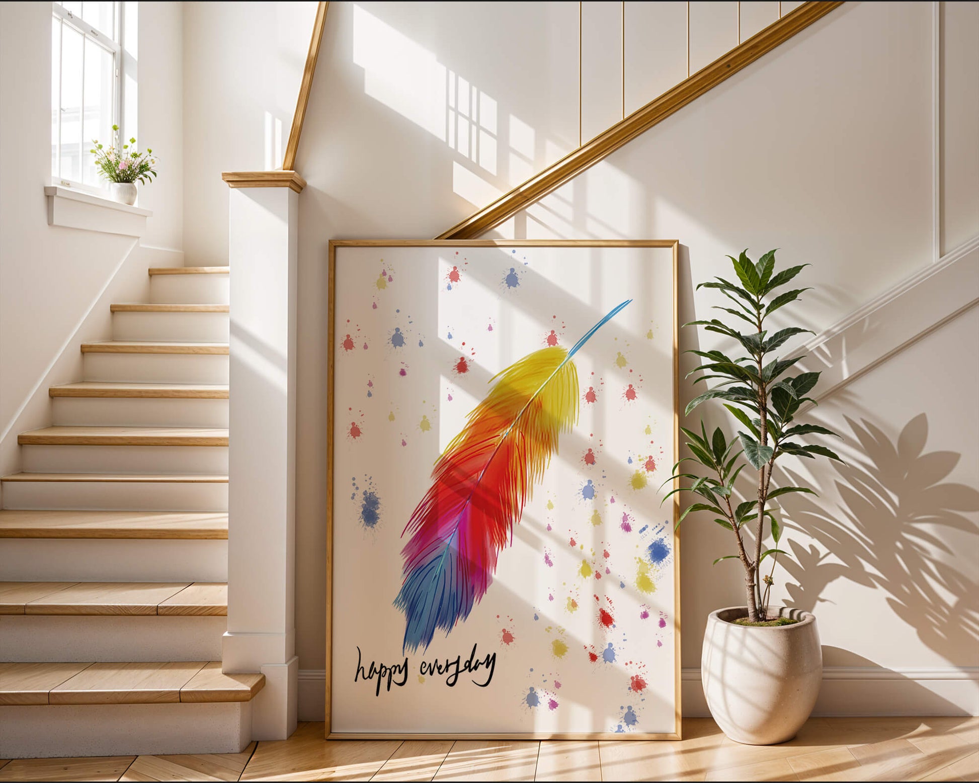 Colorful feather with inspirational message on abstract paint splatter background