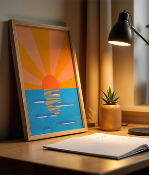 A vibrant sunrise illustration over the ocean with colorful rays