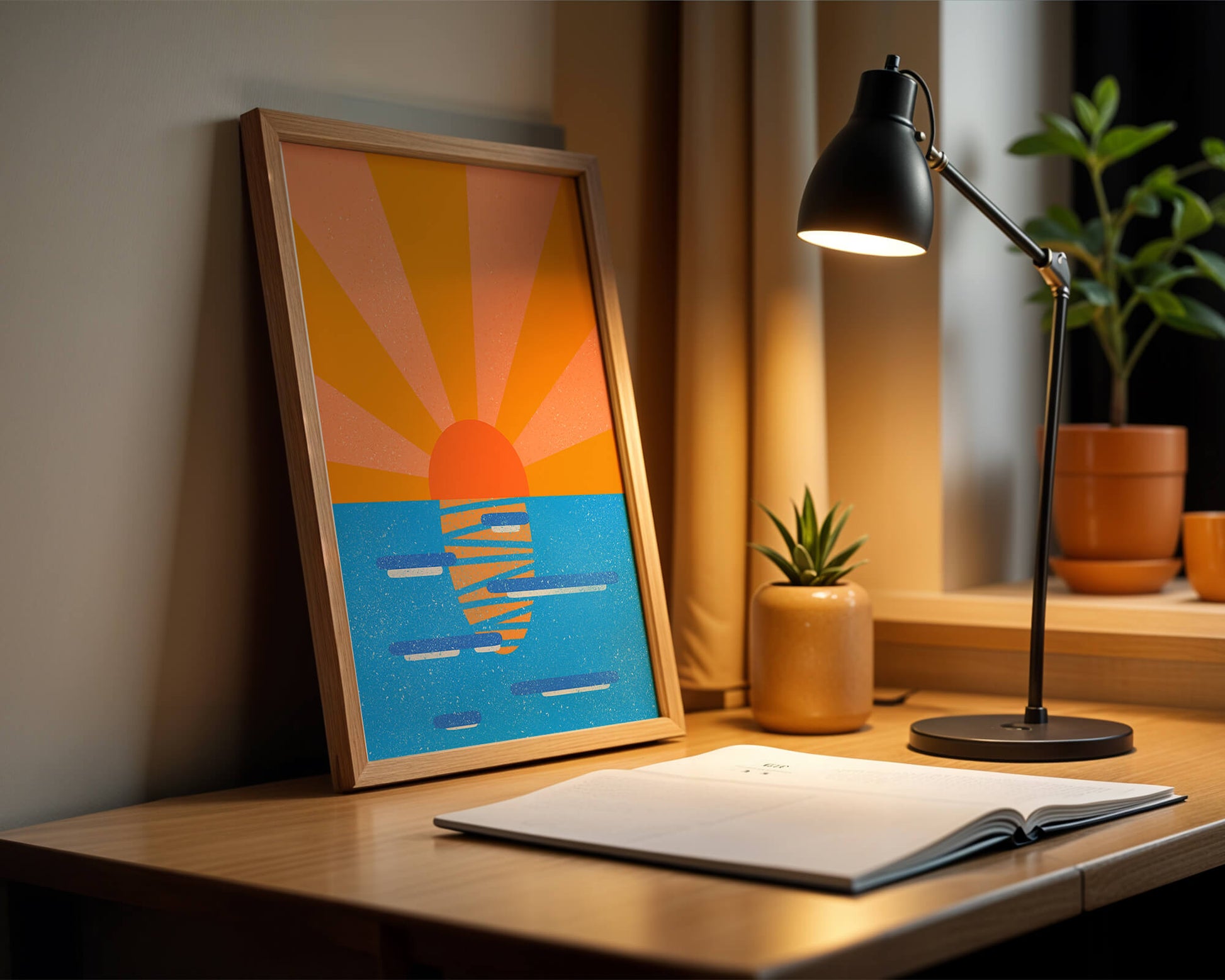 A vibrant sunrise illustration over the ocean with colorful rays