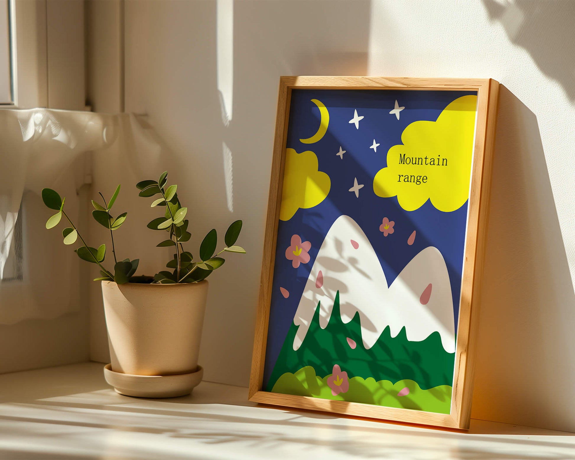 Stylized mountain landscape with starry night background and vibrant clouds