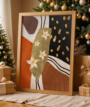 Abstract floral artwork with gold accents and earthy tones