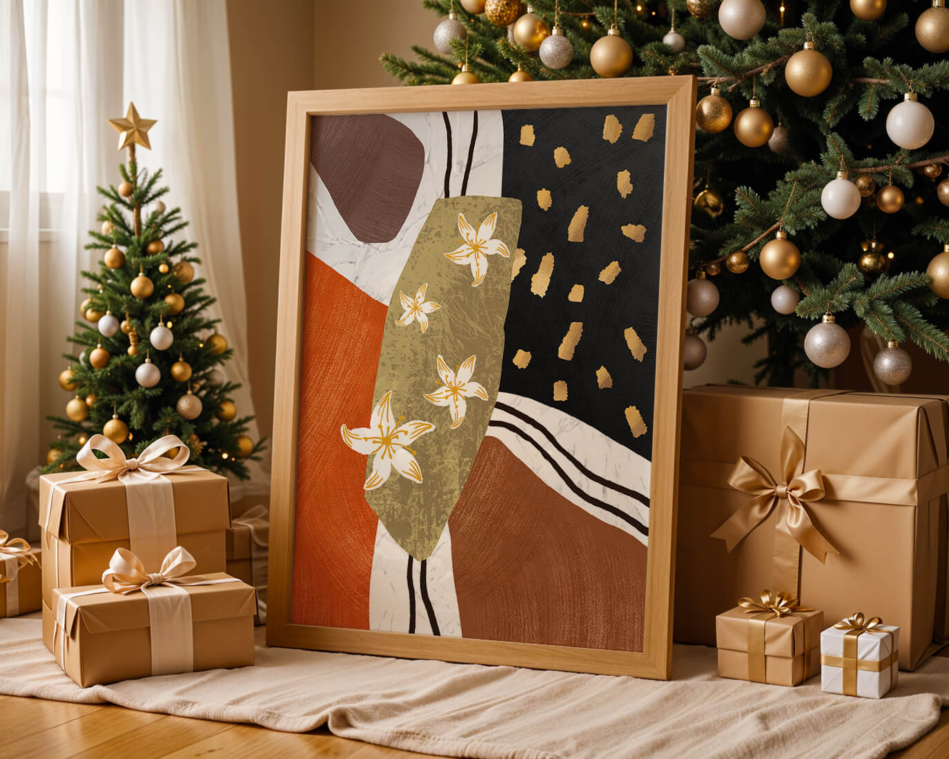 Abstract floral artwork with gold accents and earthy tones