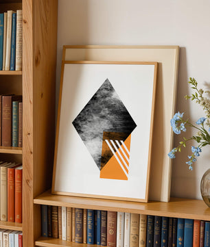 Abstract Geometric Composition with Orange Triangle and Cloudy Pattern - Mi tienda