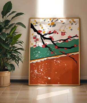 Artistic depiction of blossom branches with gold elements and abstract background