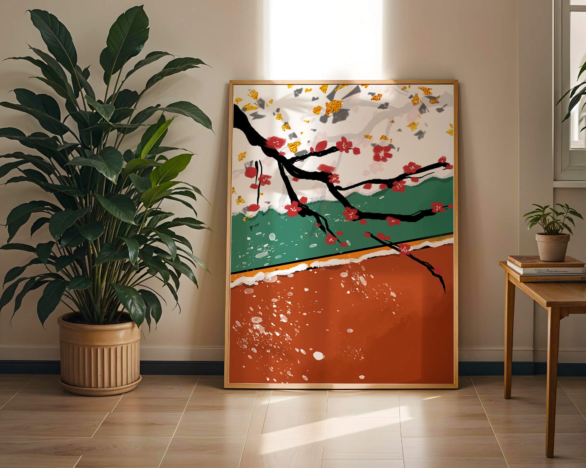 Artistic depiction of blossom branches with gold elements and abstract background