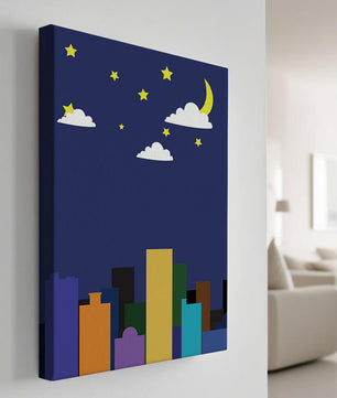 Night cityscape with colorful buildings and starry sky