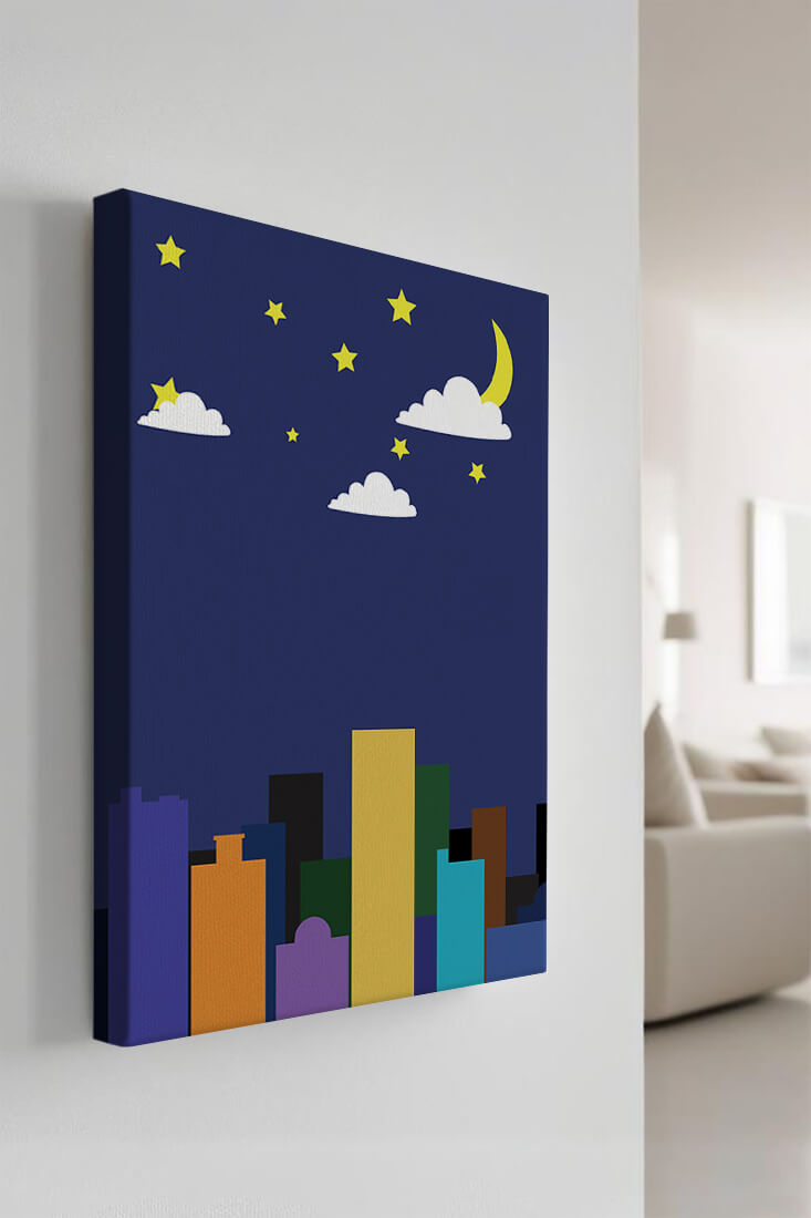 Night cityscape with colorful buildings and starry sky