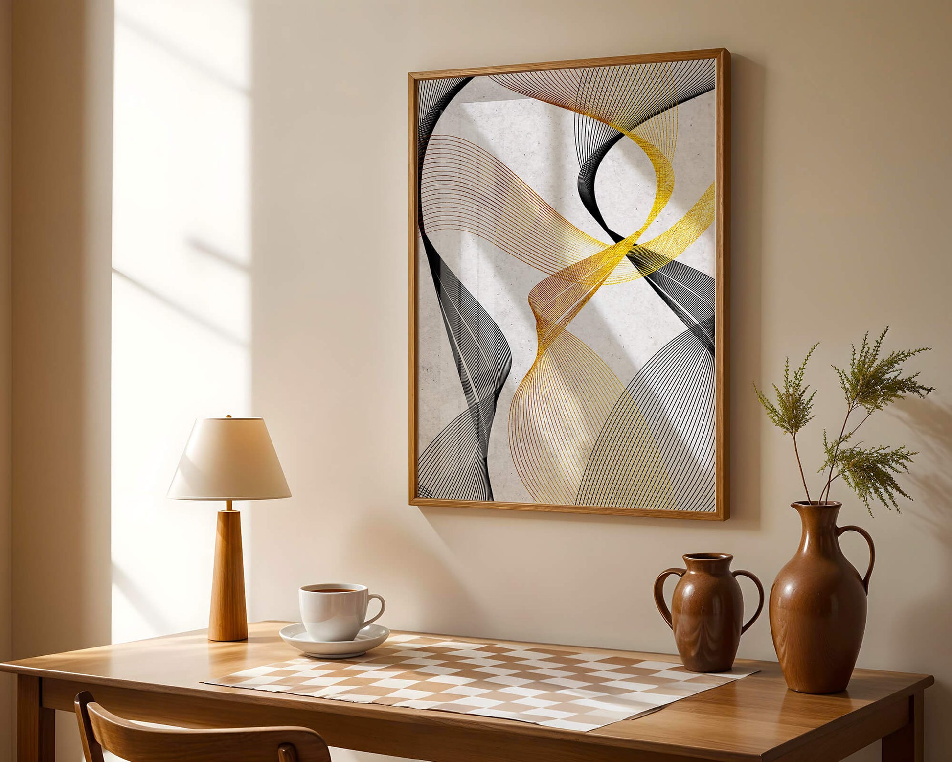 Elegant abstract waves with gold and black lines on textured background