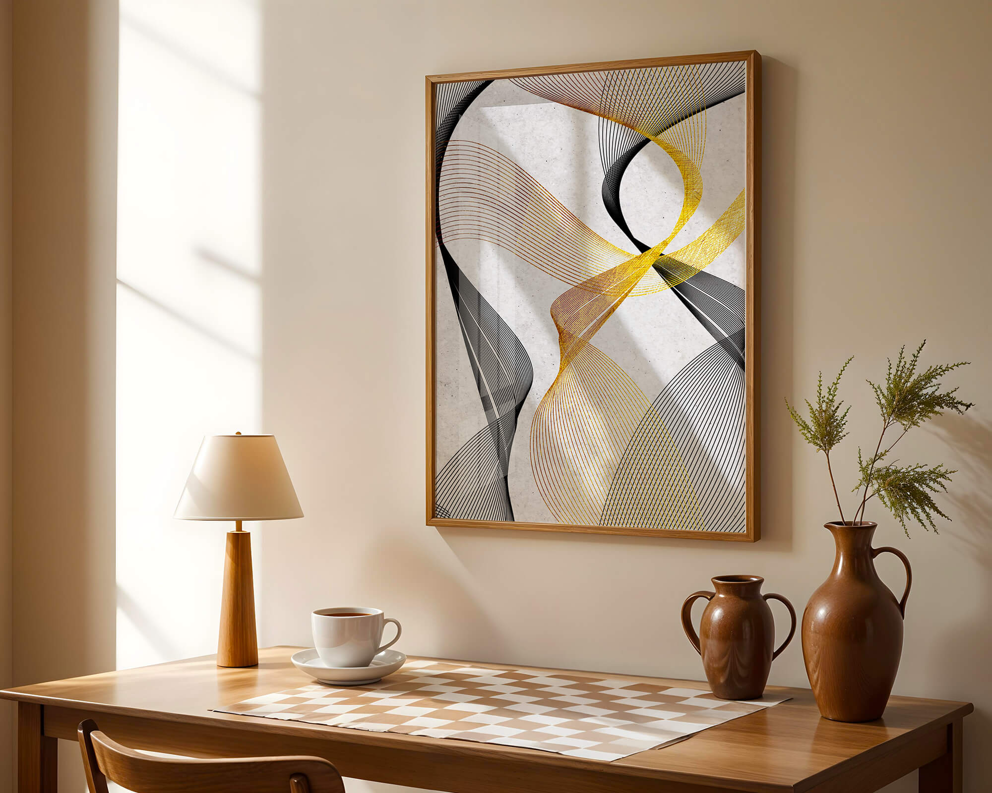 Elegant abstract waves with gold and black lines on textured background