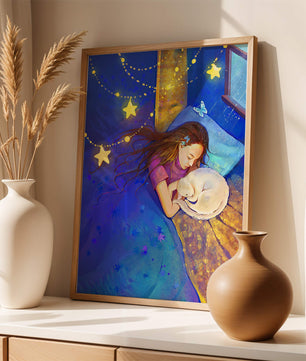 Chica durmiendo con un gato bajo un cielo estrellado