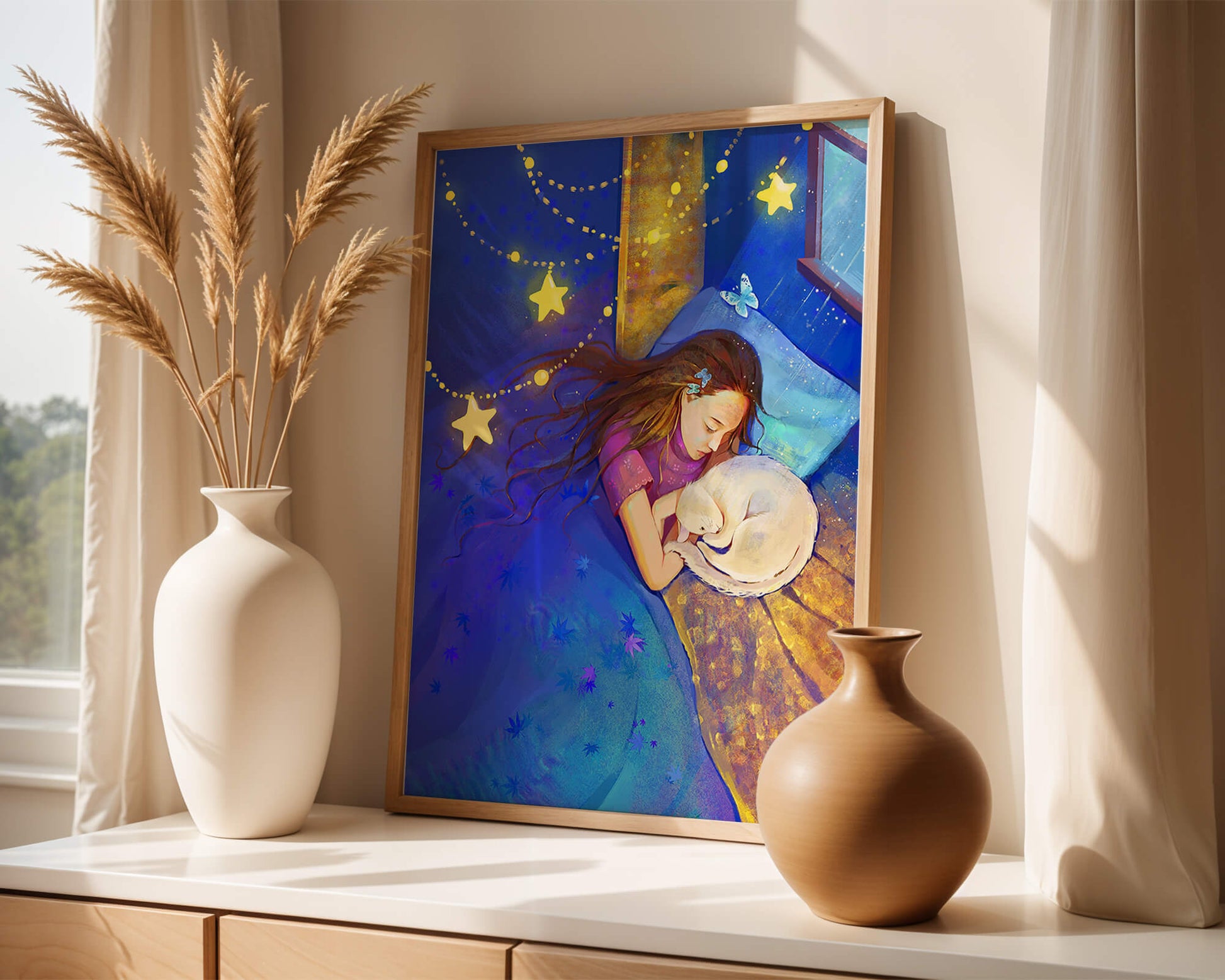 Girl sleeping with cat under starry night sky