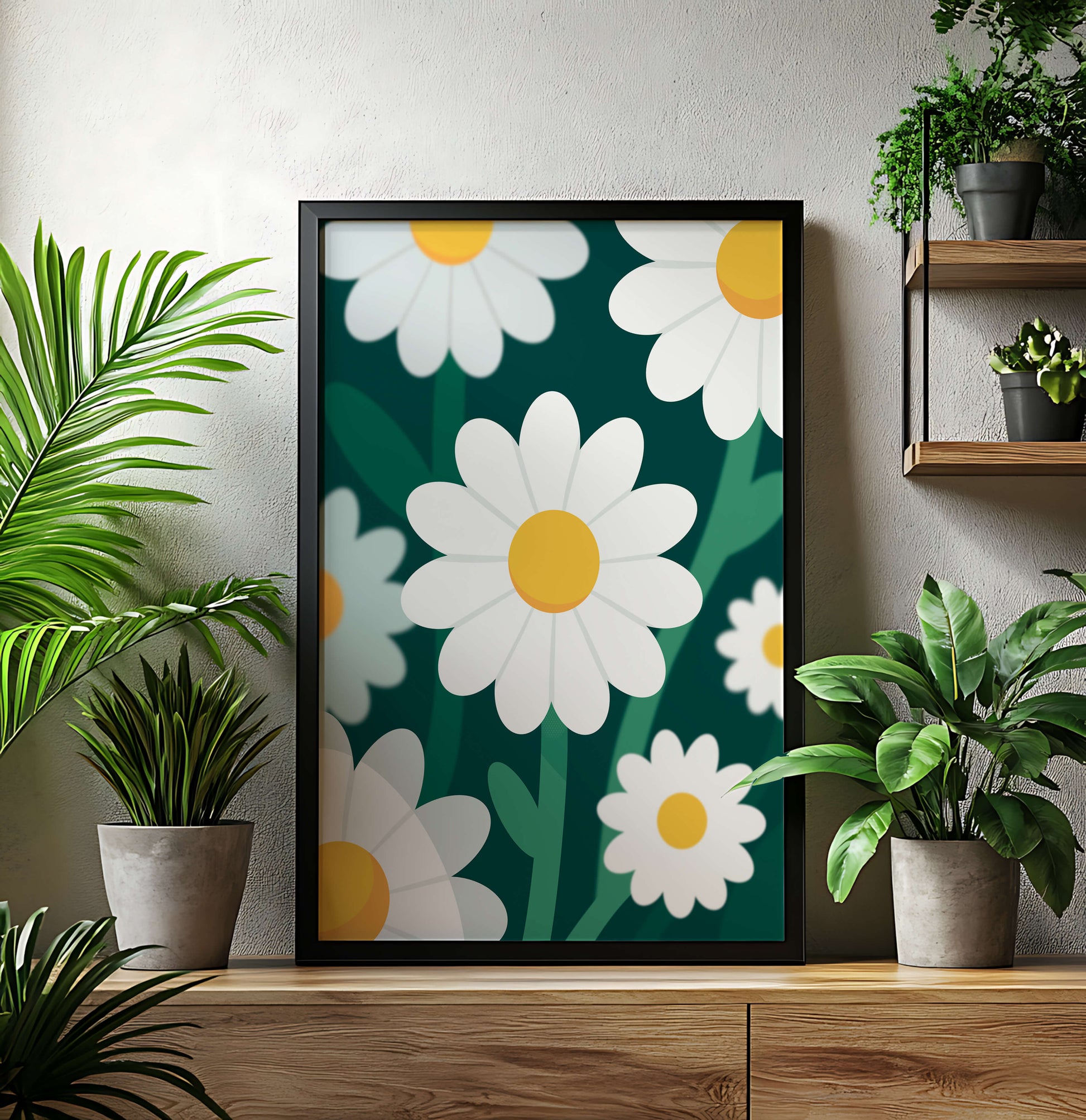 Margaritas sobre fondo verde oscuro con diseño abstracto