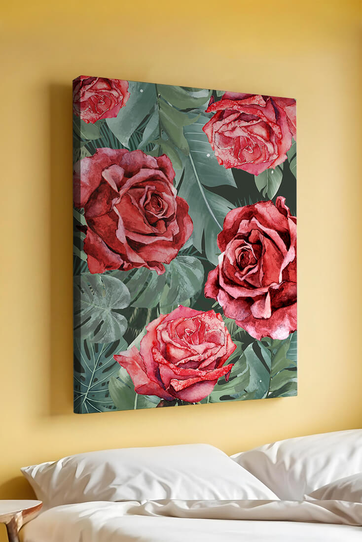 Red roses and green foliage pattern in watercolor style