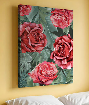 Red roses and green foliage pattern in watercolor style