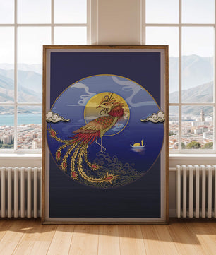 Phénix doré aux plumes éclatantes dans un décor marin mystique