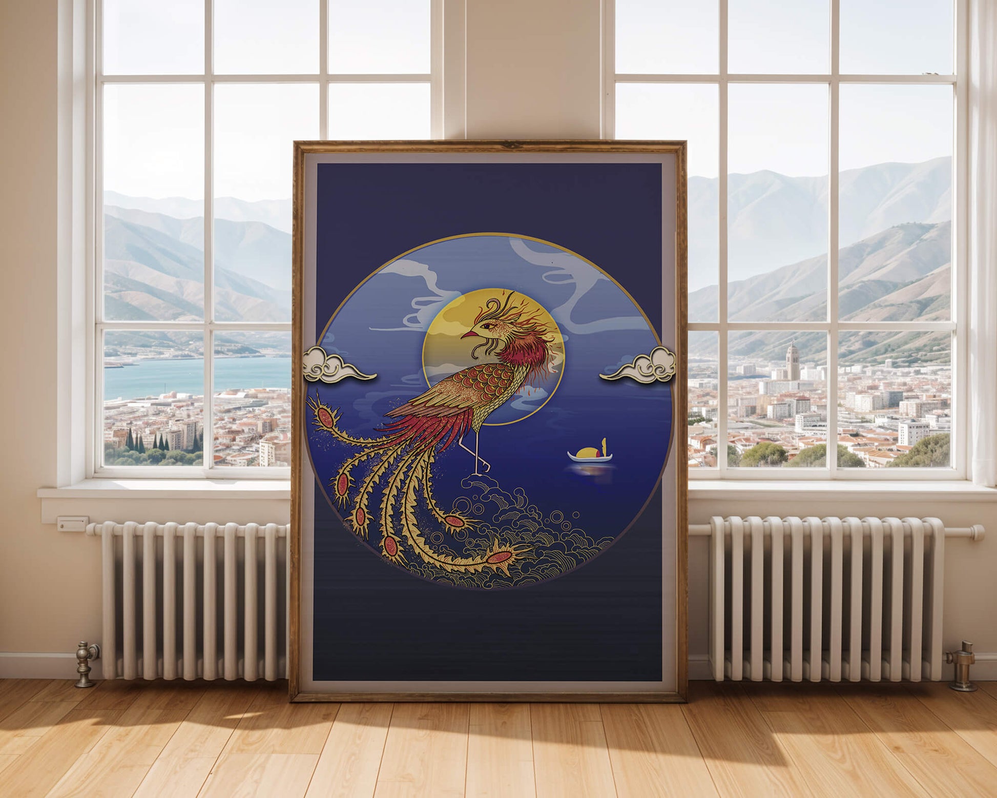 Golden Phoenix with Vibrant Feathers in Mystical Sea Setting