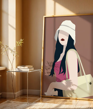 Ilustración elegante de una mujer con sombrero de cubo y ropa casual