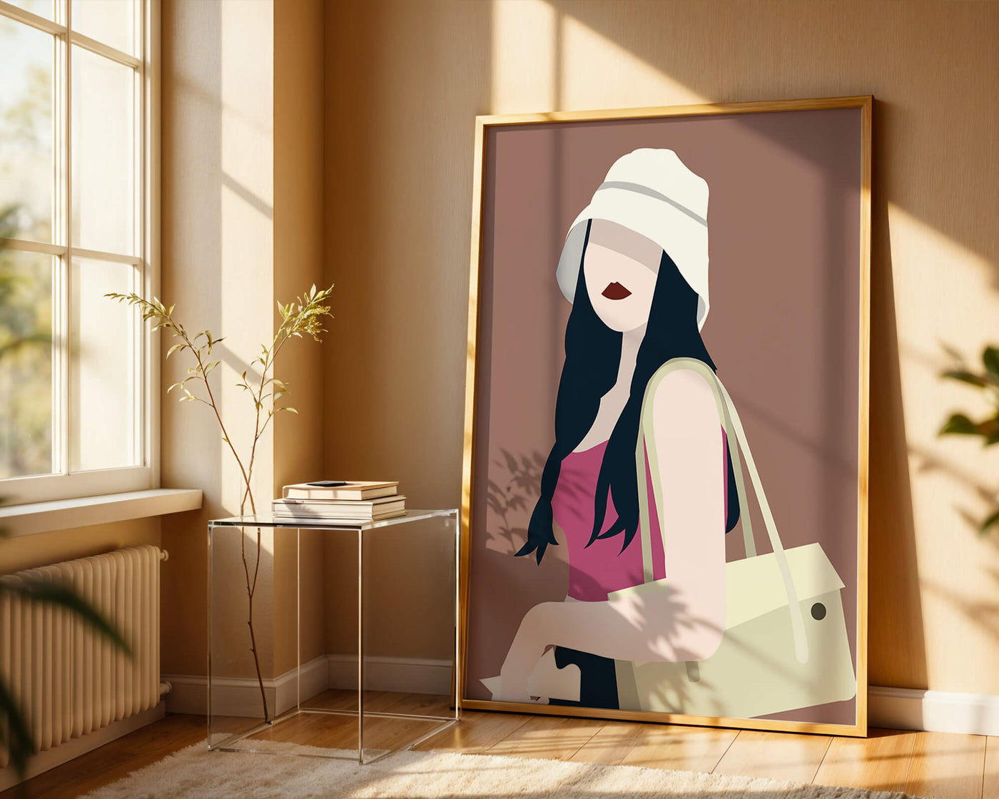 Stylish illustration of a woman in a bucket hat and casual outfit