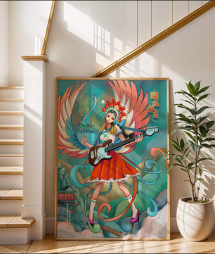 Fusión colorida de arte tradicional y moderno con un músico como protagonista
