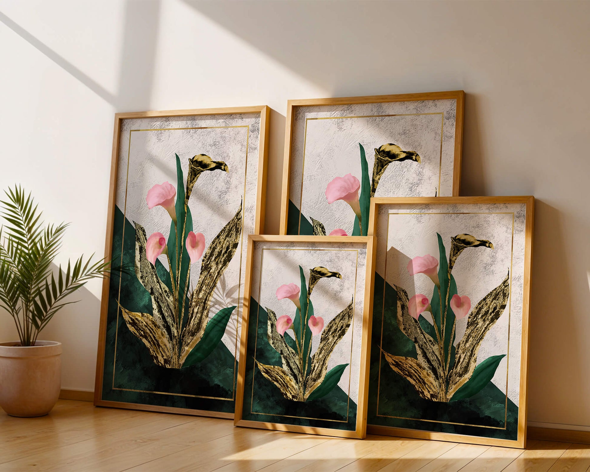 Abstrakte botanische Kunst mit rosa Calla-Lilien und goldenen Blättern