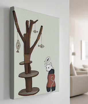 Illustration of a cat tree with a thoughtful cat in a sweater