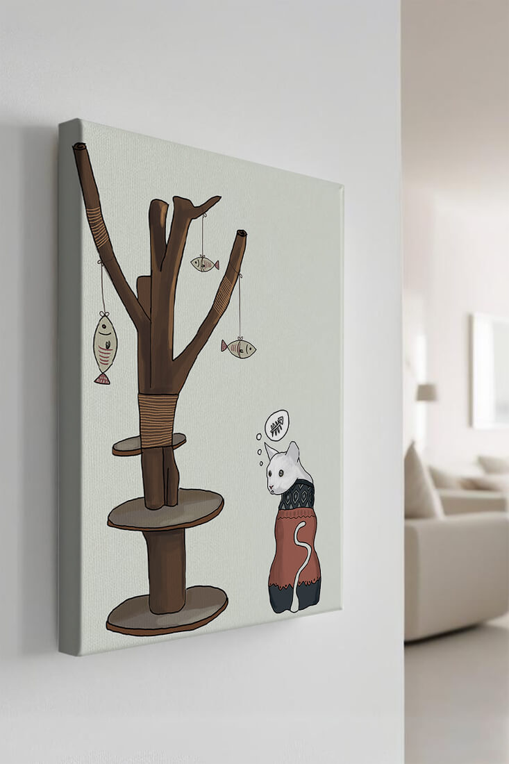 Illustration of a cat tree with a thoughtful cat in a sweater