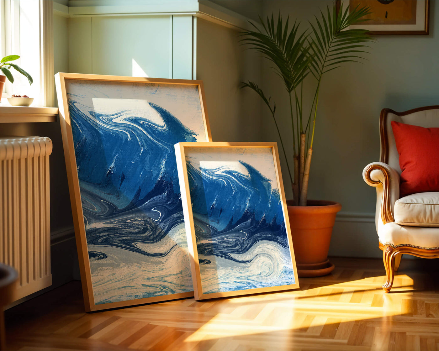 Abstract blue and white ocean wave painting with swirling patterns