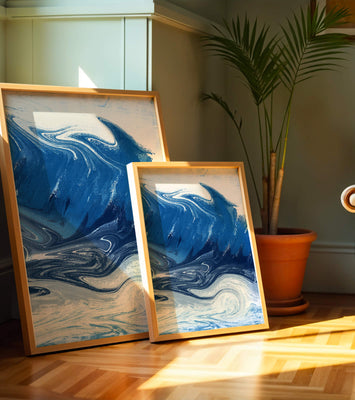 Abstract blue and white ocean wave painting with swirling patterns