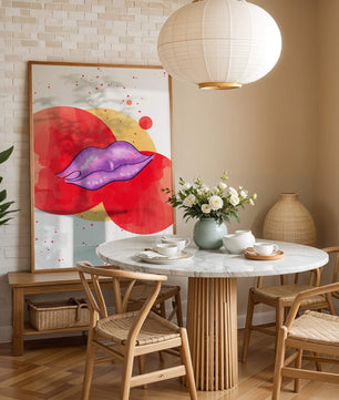 Vibrant Abstract Artwork Featuring Purple Lips on Watercolor Background