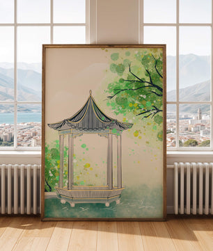 Serene garden pavilion amidst lush green trees and calm waters
