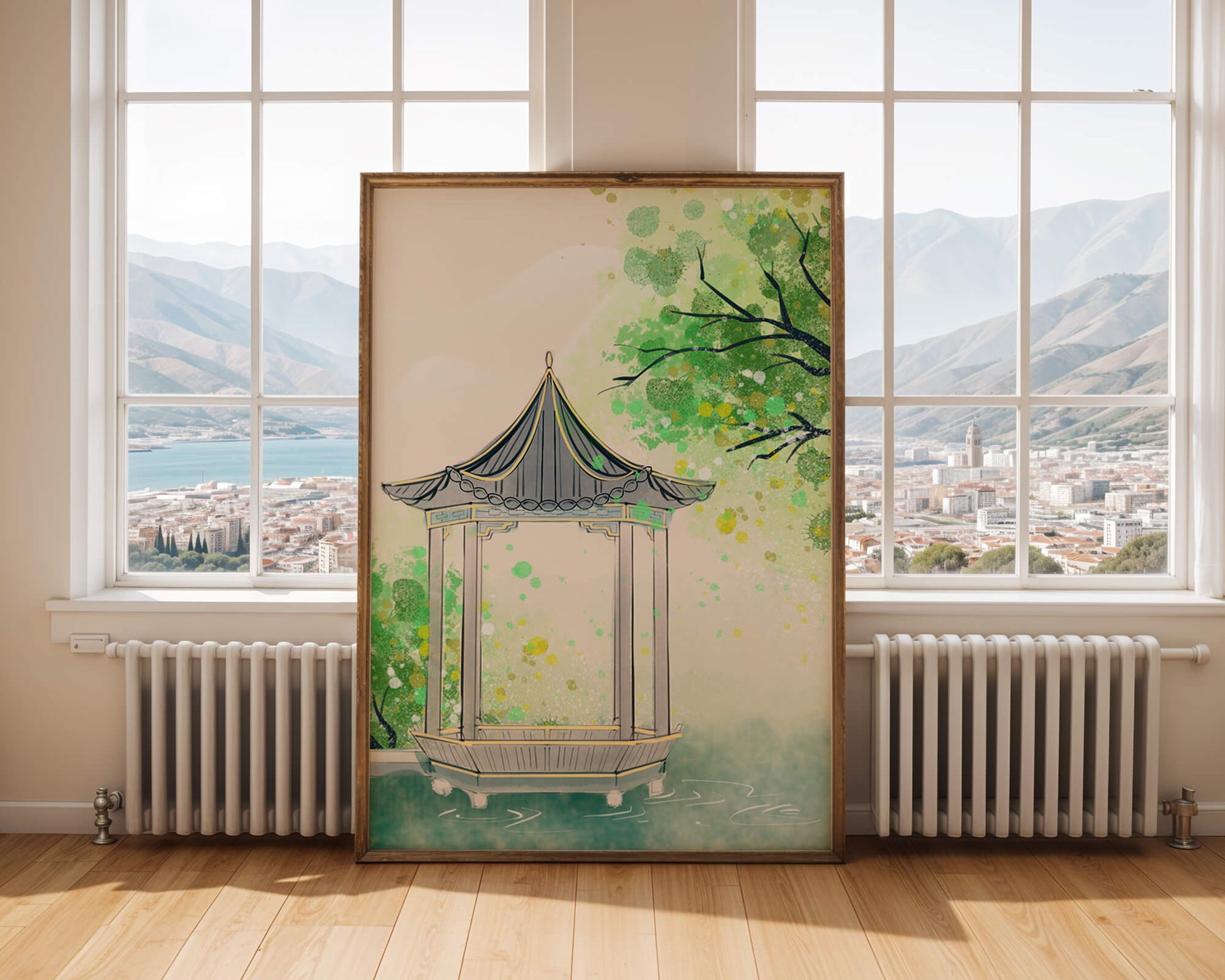 Serene garden pavilion amidst lush green trees and calm waters