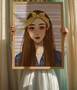Illustration d'une femme avec un bandeau jaune sur fond rayé