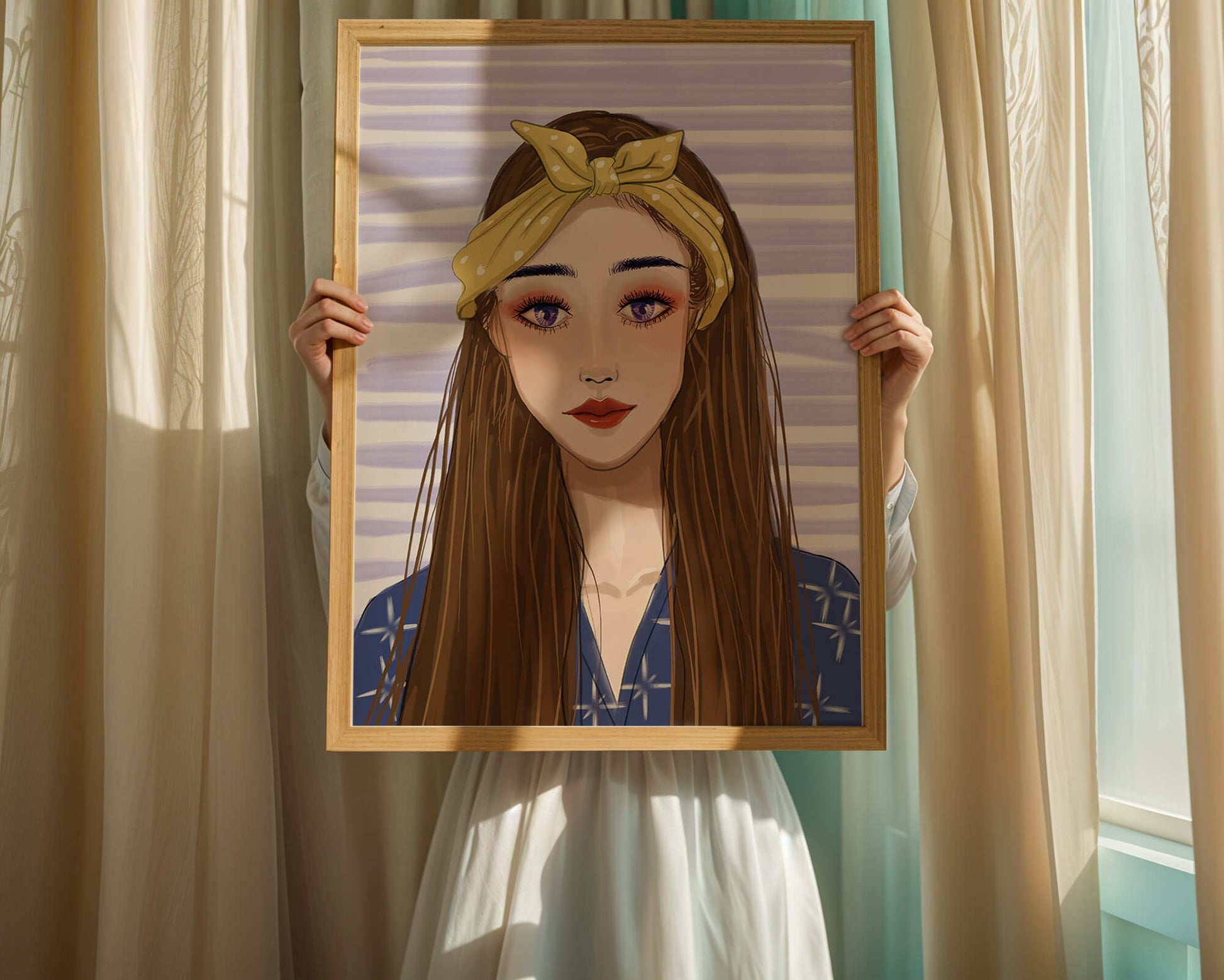 Illustration of a woman with a yellow headband against a striped background