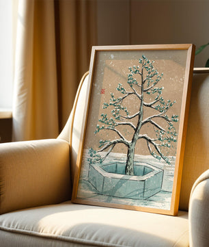 Paisaje invernal con ilustración de árbol bonsái cubierto de nieve