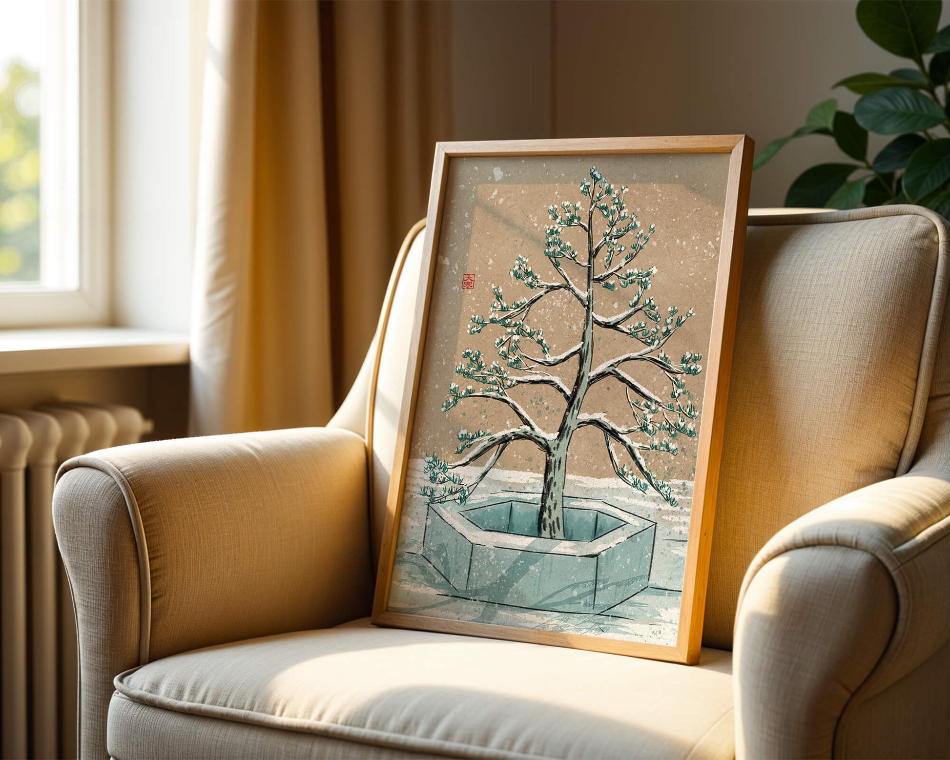 Paisaje invernal con ilustración de árbol bonsái cubierto de nieve